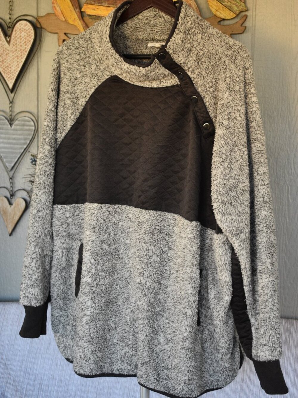 Maurices Gray Sherpa Fleece Quilted Asymmetrical Snap Pullover Sweater Plus 3X